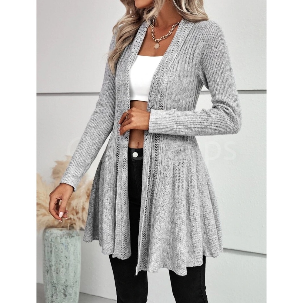 Ruffle Hem Gray Knit Open Cardigan Long Sleeve